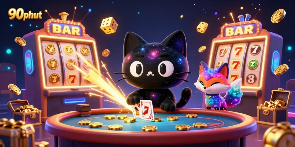 Experience thrilling gameplay with 90phut's vibrant cosmic casino scene featuring a black hole cat and slot machines.