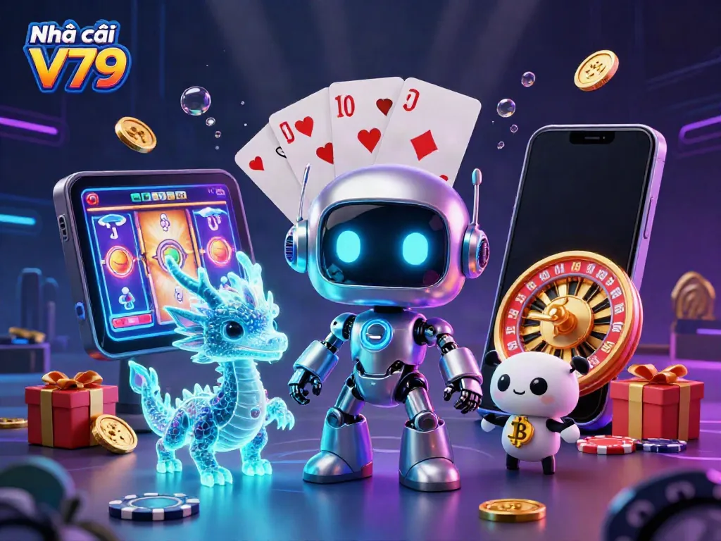 Nhà cái V79 mang đến trải nghiệm trò chơi độc đáo với robot cyberpunk, rồng AI và biểu tượng bitcoin.