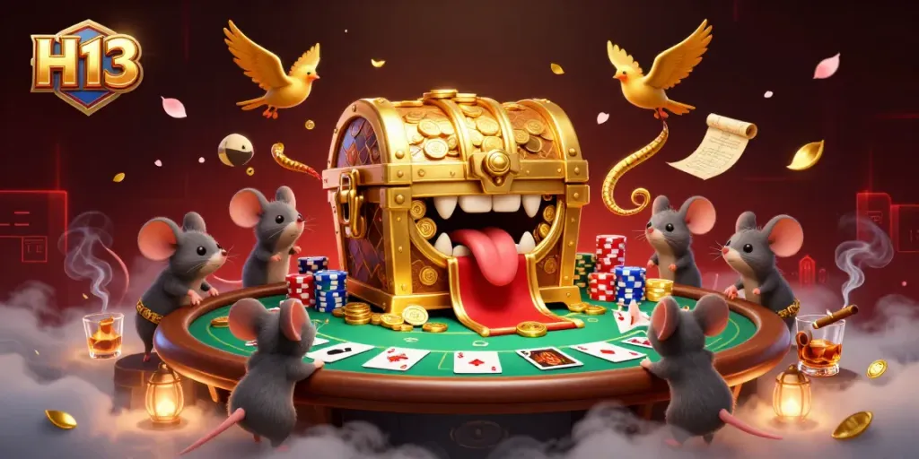 Spin jackpots and win big with H13-themed treasure chest illustration in a casino setting.