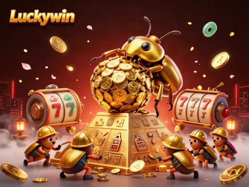Experience the excitement of Luckywin with golden coin-filled adventures and vibrant casino symbols in this detailed 3D illustration.