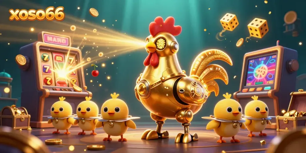 Experience thrilling wins with xoso66 as the golden rooster robot engages in a colorful jackpot scene.