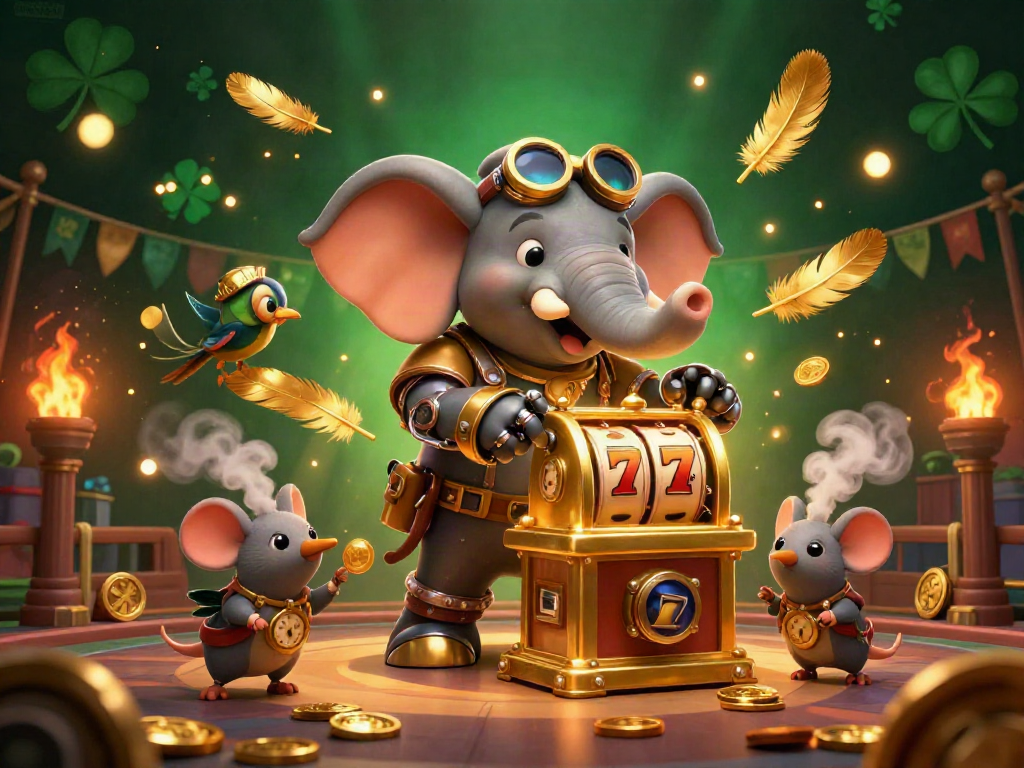Experience thrilling gameplay with mm88 zo as the steampunk elephant strikes it rich on a golden slot machine.