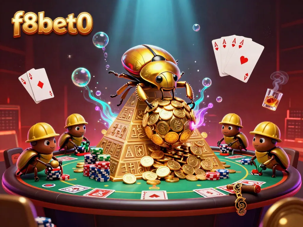 Engage with vibrant f8bet0 casino experience featuring a golden dung beetle and poker elements.