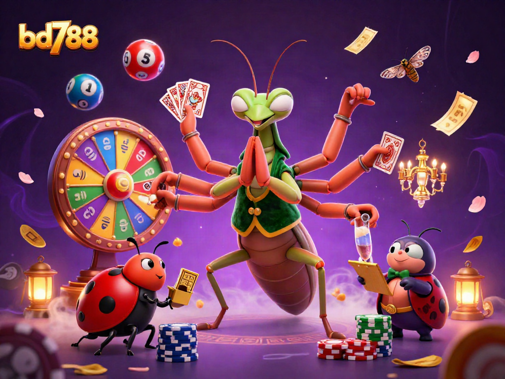 Experience thrilling casino action with bd788 as a giant mantis deals cards and spins a prize wheel.
