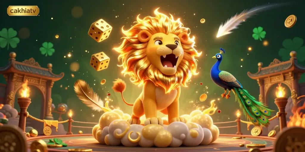 Experience the thrill of gambling with cakhiatv in this dynamic illustration of a roaring sun lion amidst golden dice and festive elements.