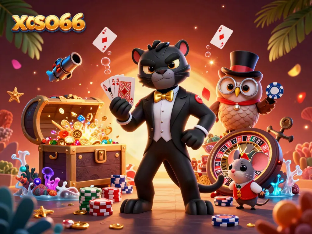 Experience thrilling gameplay with xoso66 as a stylish black panther deals cards in a vibrant casino scene.