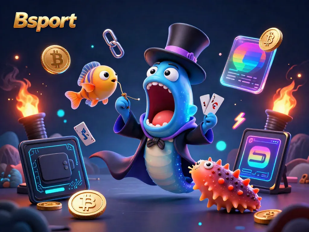 Bsport showcases a magical casino scene with whimsical sea creatures performing tricks amidst vibrant crypto elements.