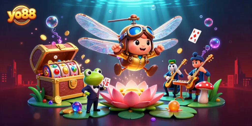 Experience thrilling games at yo88 with our frog croupier and dragonfly pilot illustration.