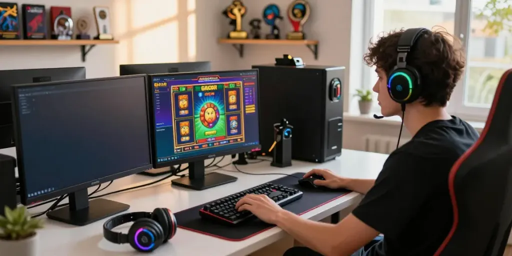 Engaged gamer playing slot gacor on a high-resolution monitor in a vibrant gaming setup.