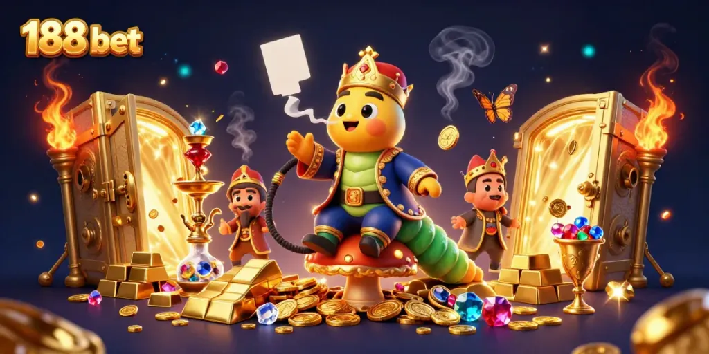 Experience the thrill of 188 bet with vibrant casino visuals showcasing characters and gold treasures.