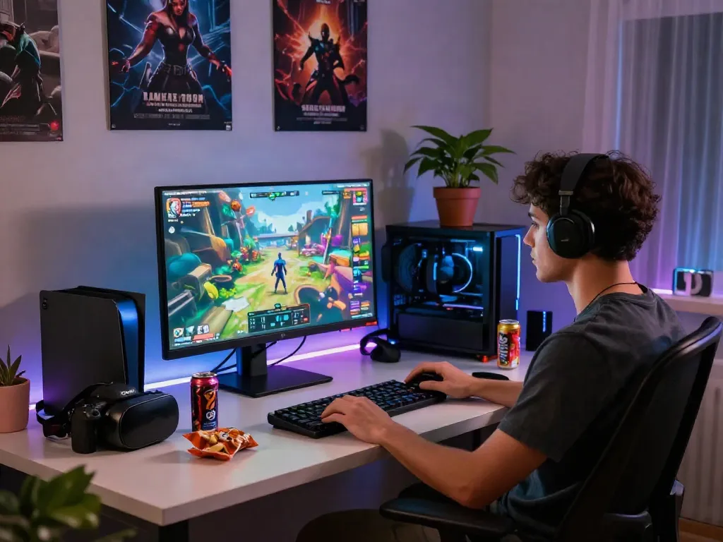Gaming setup showcasing warung168 digital marketplace with vibrant game graphics and relaxing atmosphere.