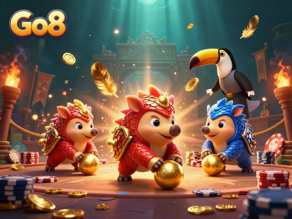 Engage with Go8 in a vibrant casino arena, where rival pangolins compete amidst stunning graphics and golden treasures.