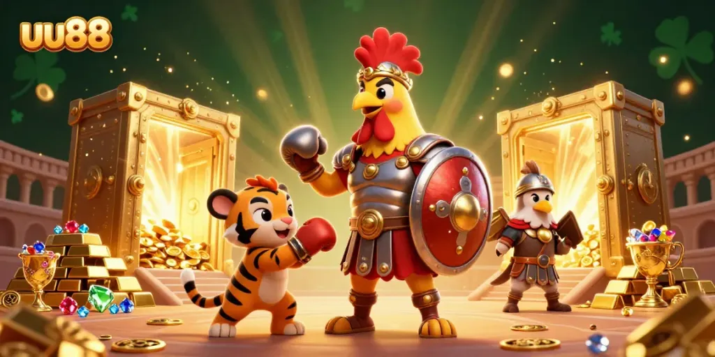 Engage with uu88's thrilling gaming adventure featuring a gladiator rooster in a vibrant casino scene.