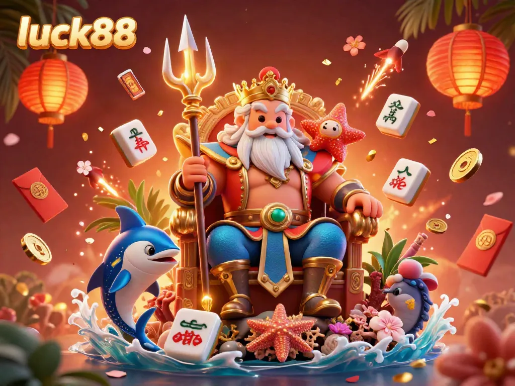 Hit the jackpot with luck88 in this vibrant 3D casino-themed illustration featuring Neptune and engaging game elements.