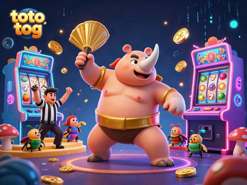 Experience thrilling gameplay in toto tog with a sumo beetle champion surrounded by colorful casino elements.