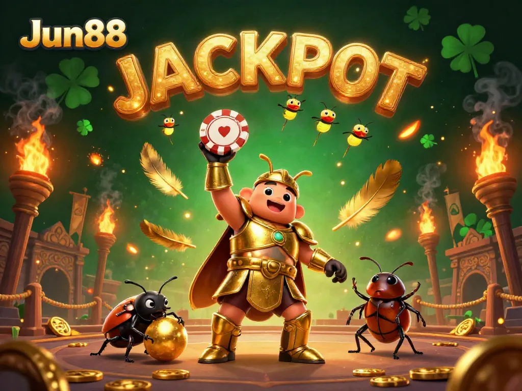 Experience the thrill of Jun88 with a vibrant illustration showcasing a victorious beetle and casino elements.