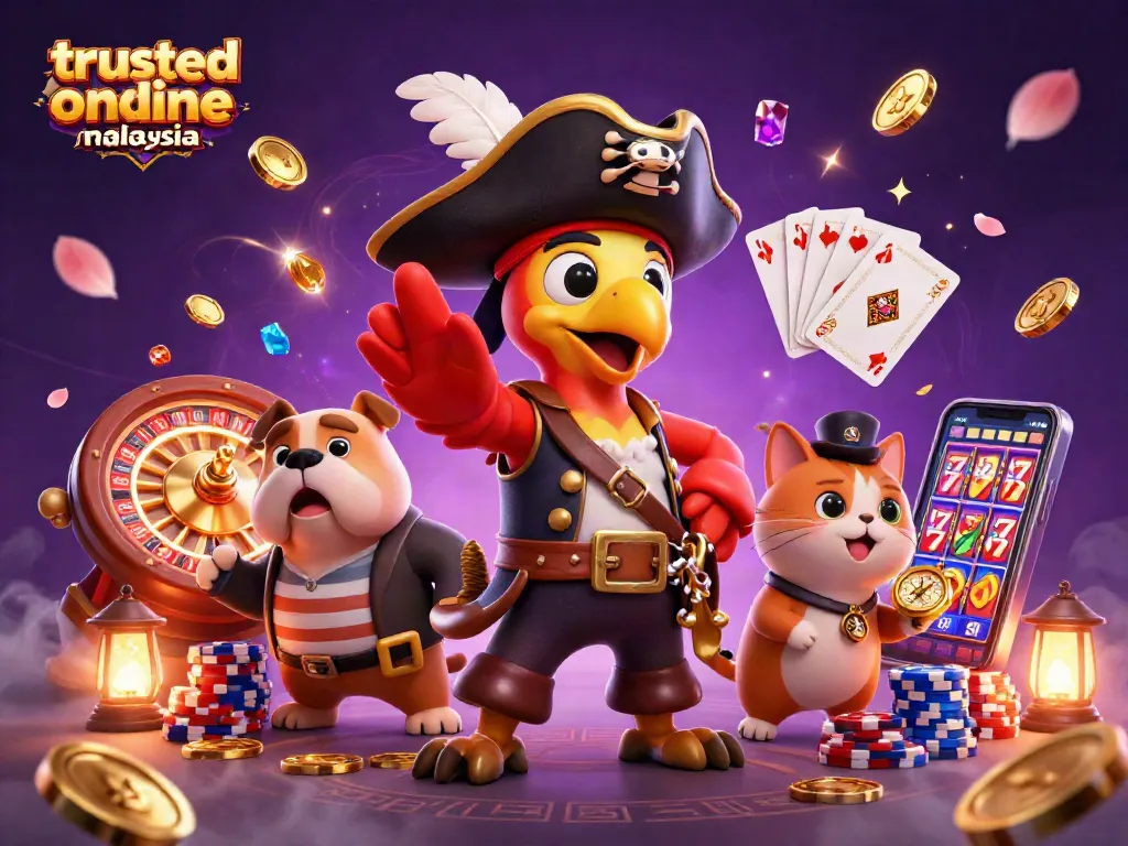 Spin to win at trusted online casino Malaysia with a pirate captain, dog, and cat navigating a vibrant casino scene.