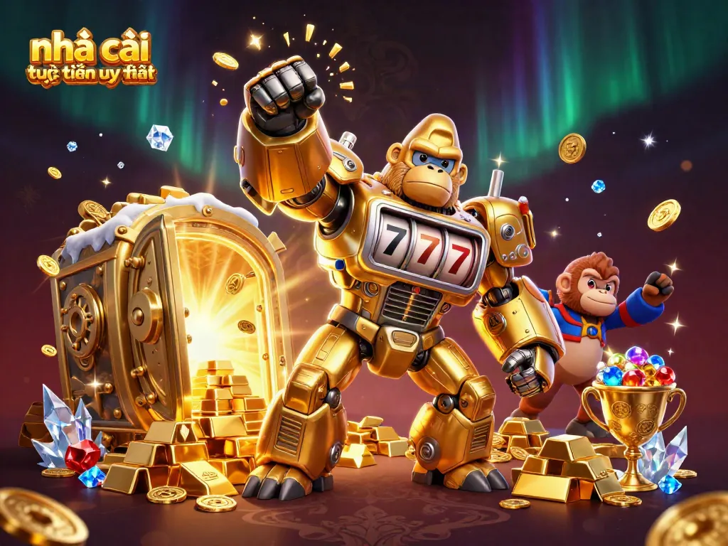 Experience the thrill of nhà cái trực tuyến uy tín with a powerful golden gorilla mech and treasure.
