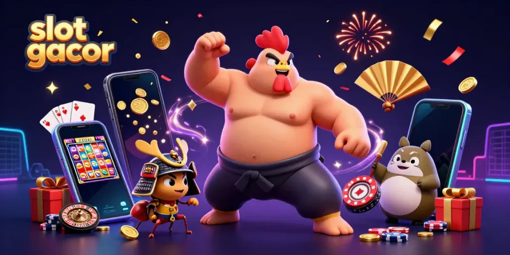 Gambaran slot gacor di mana ayam sumo dan kriket bertarung dengan kejutan koin emas.