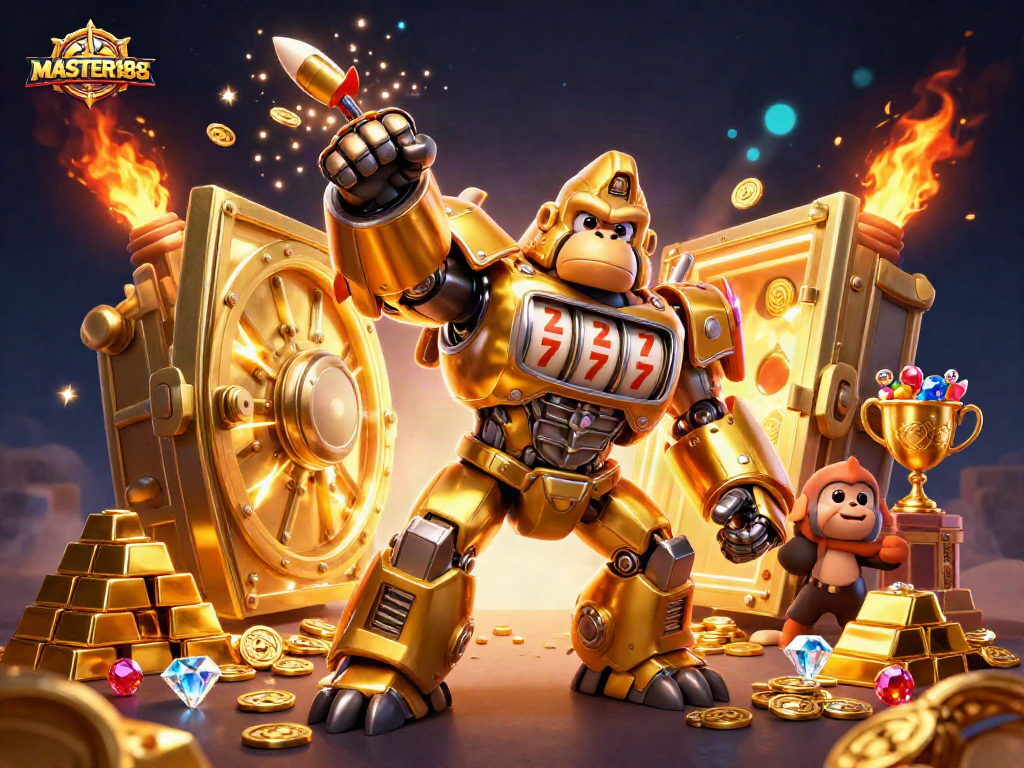 Join the excitement with MASTER188 as the golden gorilla mech battles for jackpot riches!