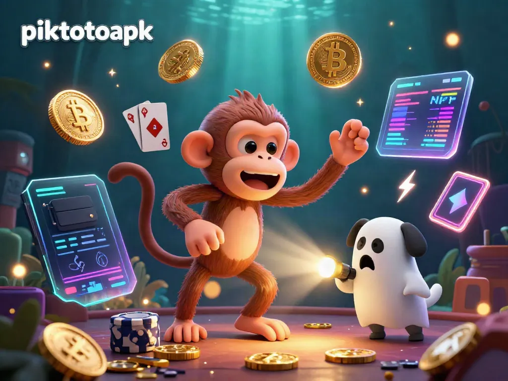 Engage with piktotoapk by exploring a haunted casino, featuring a mischievous monkey juggling gold while a puppy tracks it.