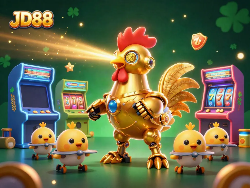 Join the excitement of JD88 with a golden rooster robot and arcade games in a dazzling casino scene.
