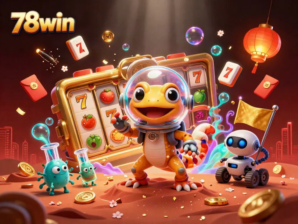 Experience the excitement of 78win with vibrant casino-themed 3D illustration featuring alien characters and gold elements.