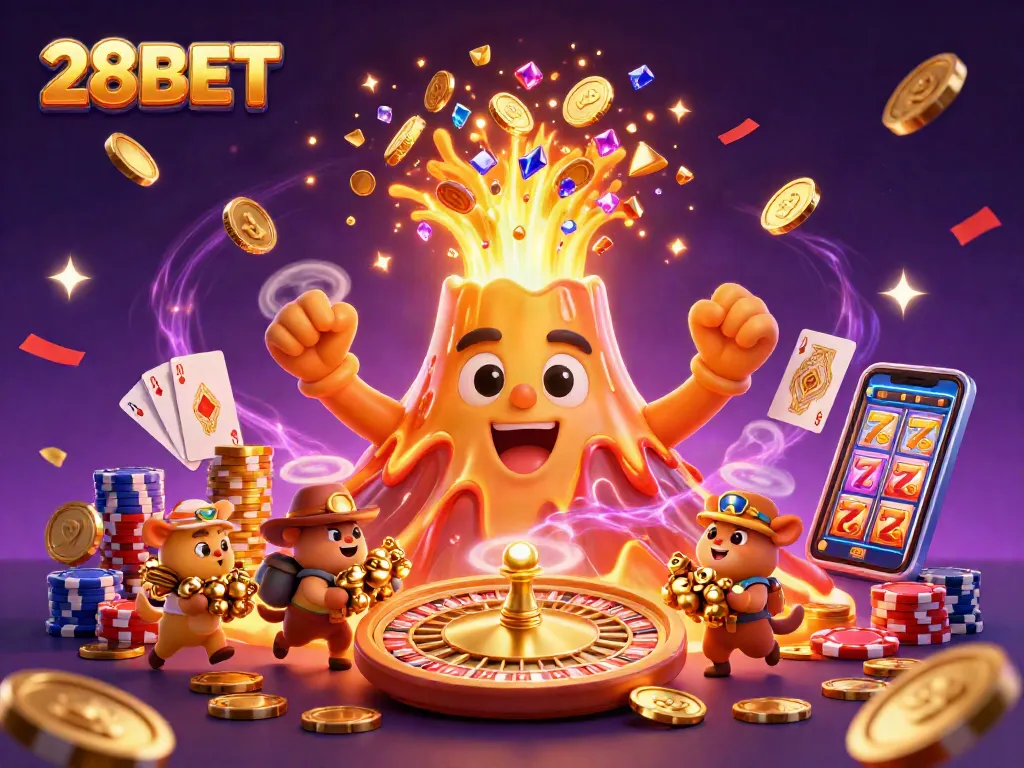 Experience thrilling wins at 28BET with a vibrant illustration of a golden volcano erupting treasures.