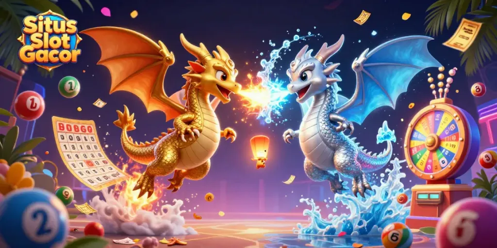 Situs Slot Gacor menampilkan dua naga 3D berwarna emas dan perak dalam pertarungan sinergi, dikelilingi elemen permainan yang mendebarkan.