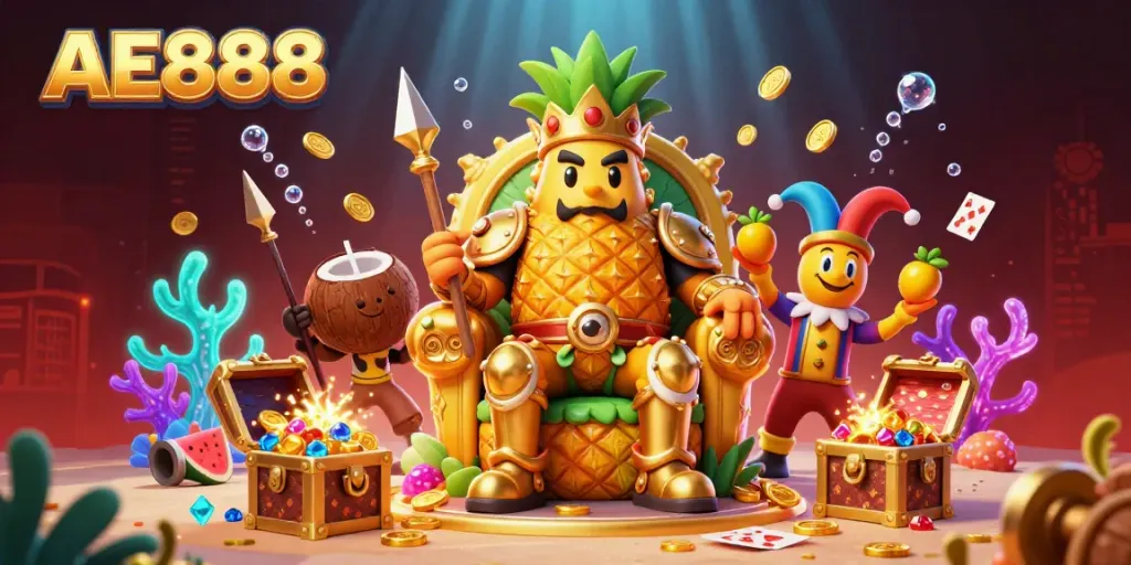Experience vibrant action at AE888 with a golden pineapple king and lively casino elements.