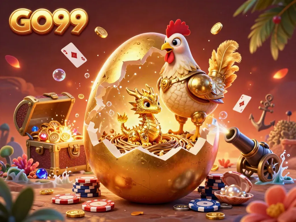Experience GO99's golden gaming adventure with a baby dragon, poker chips, and treasure in a vibrant casino setting.