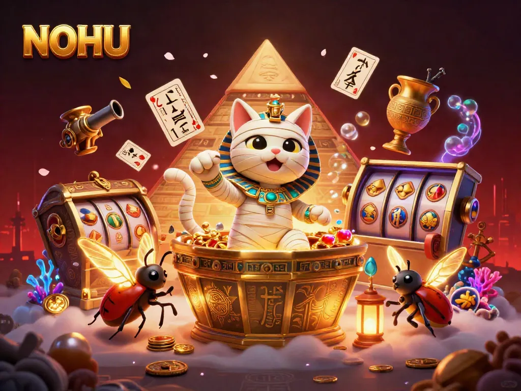 Experience the thrill of NOHU with a vibrant casino scene featuring a mummy cat and jackpot elements.