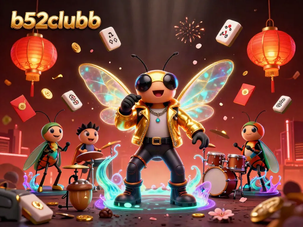 Engage with b52clubb's vibrant casino atmosphere featuring a cartoon rock star, a beetle drummer, and festive decor.