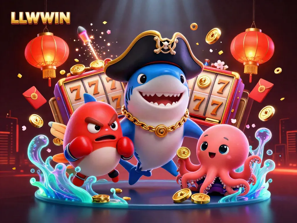 LLWWIN casino scene featuring an animated shark, pufferfish, and octopus amidst vivid slot elements and gold coins.