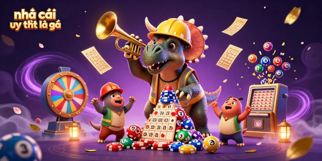 Experience thrilling fun with nhà cái uy tín là gì, as a triceratops builds poker chip towers in a vibrant casino.