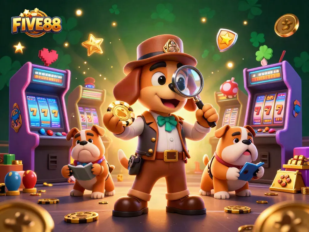 FIVE88's engaging gaming scene featuring a detective and bulldog uncovering poker clues amidst casino elements.