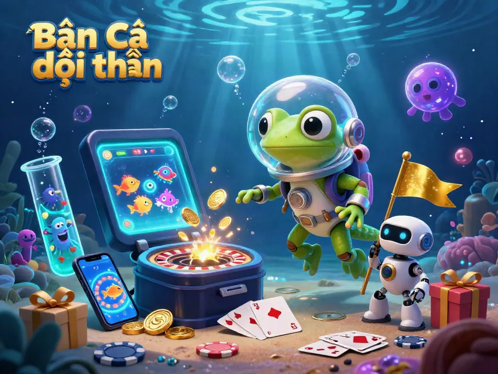 Bắn cá đổi thưởng illustrates a lively underwater casino adventure with Martian gecko and gaming elements.