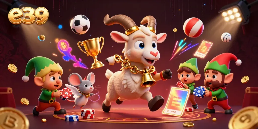 Experience the excitement at e39 casino with a spooky Krampus goat managing game action, illustrating gambling fun.
