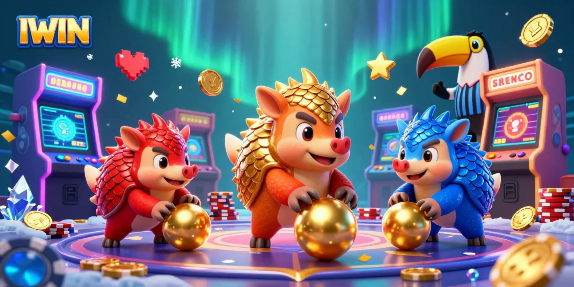IWIN casino pangolins competing in a vibrant gambling game with colorful arcade machines.