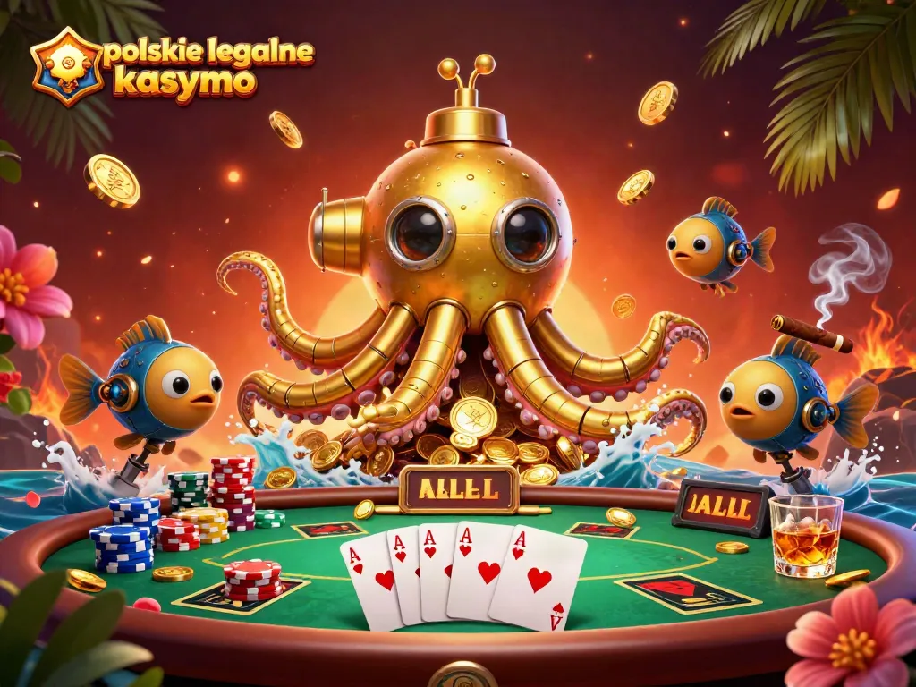 Join the excitement at polskie legalne kasyno, featuring a golden kraken submarine amidst poker chips and golden coins.