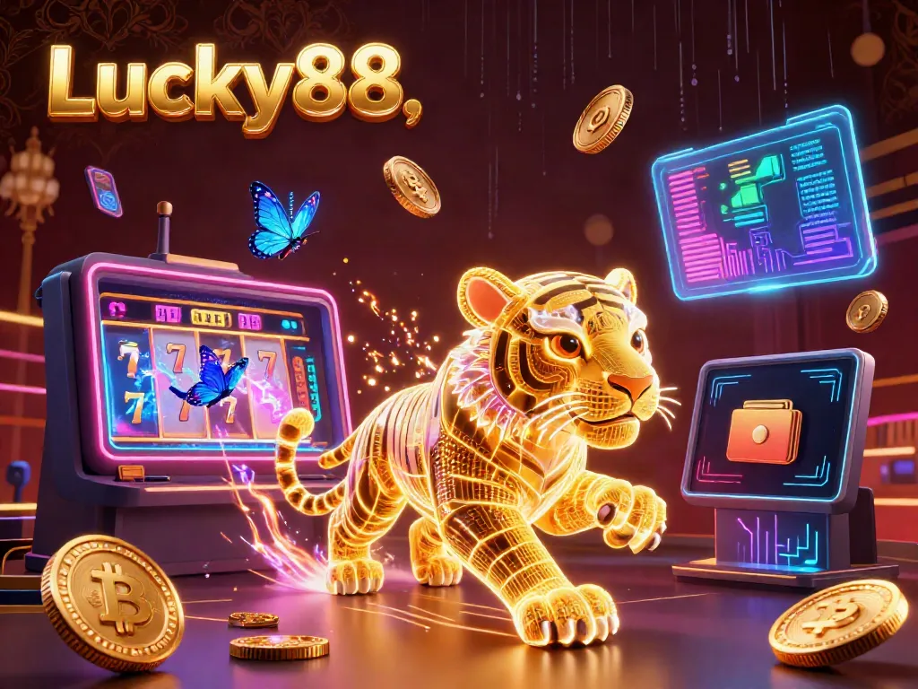 Engage with Lucky88's vibrant casino landscape featuring a neon tiger and cryptocurrency elements, perfect for players.