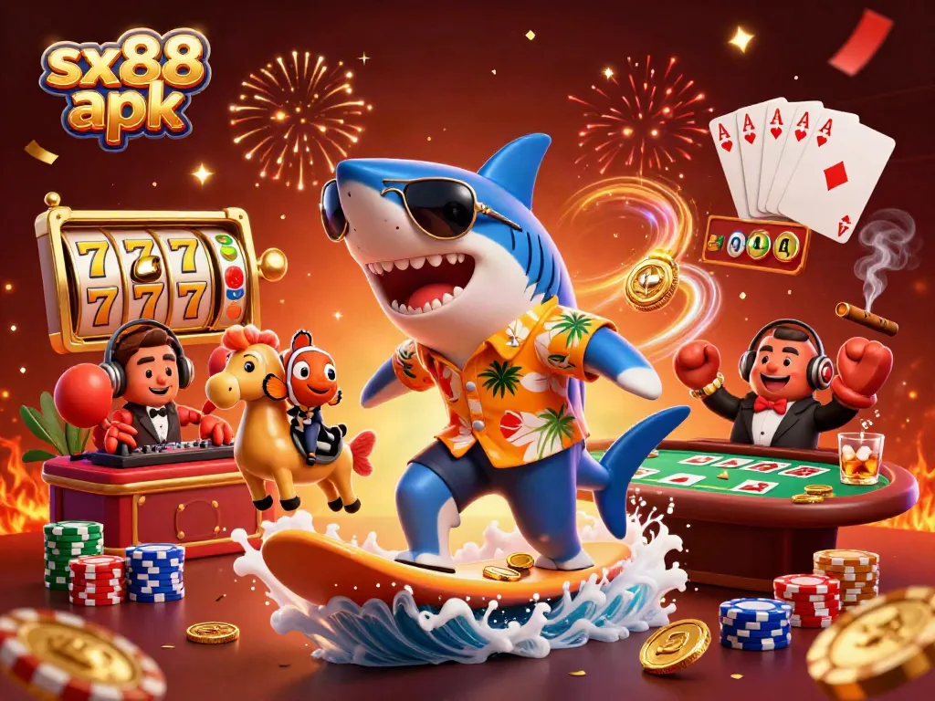 Experience the thrill of sx88 apk with this vibrant illustration showcasing undersea characters in a dynamic casino setting.
