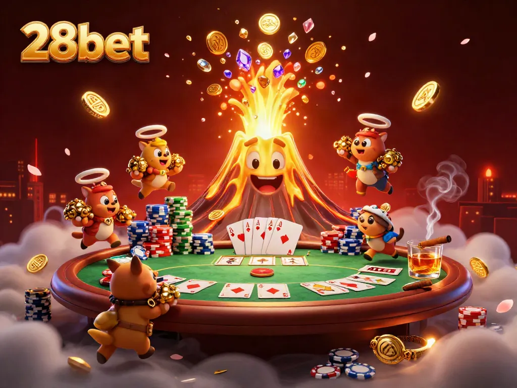 Engage with 28bet's vibrant gaming world featuring a golden volcano and poker elements.