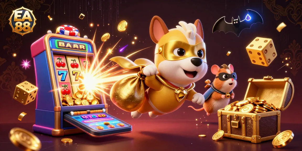 EA 88 superhero dog flies with gold coins amidst a vibrant casino scene.