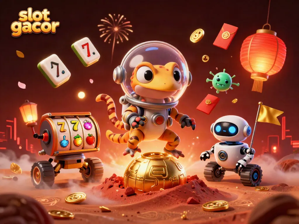 Experience thrilling slot gacor action with a 3D cartoon gecko amid a vibrant casino scene.