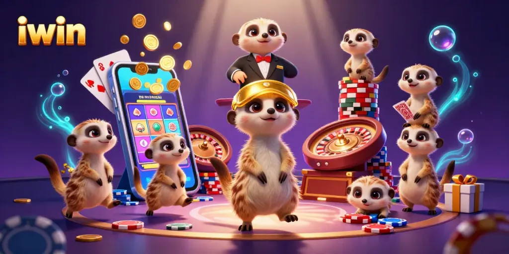 Experience iwin with meerkats executing casino operations surrounded by captivating gaming elements.