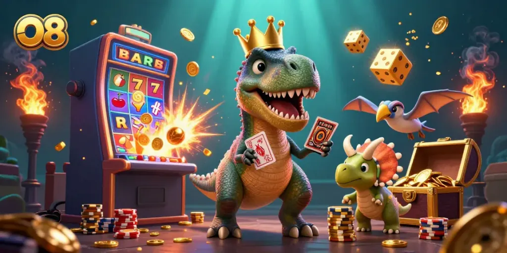 Engaging O8-themed casino scene with T-Rex dealing cards and Triceratops stacking chips.