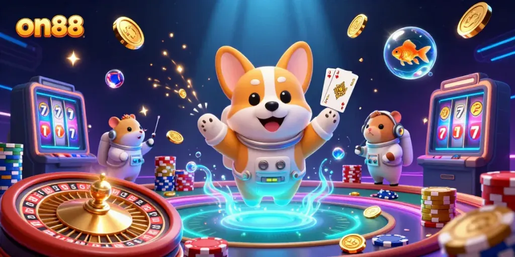 Experience limitless fun at on88 with imaginative casino-themed scenes featuring characters in a space station setting.