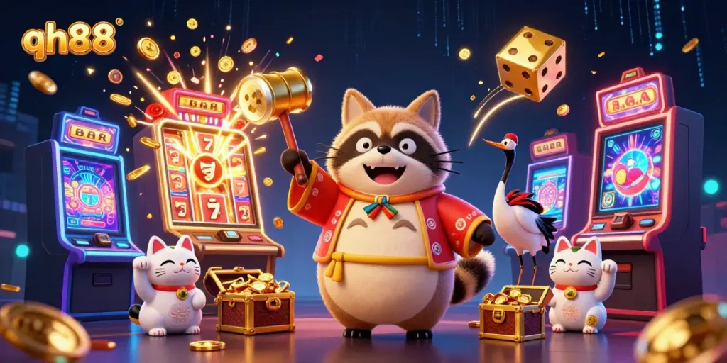 Spin and win with qh88, showcasing an exciting scene of big jackpots and fun characters.