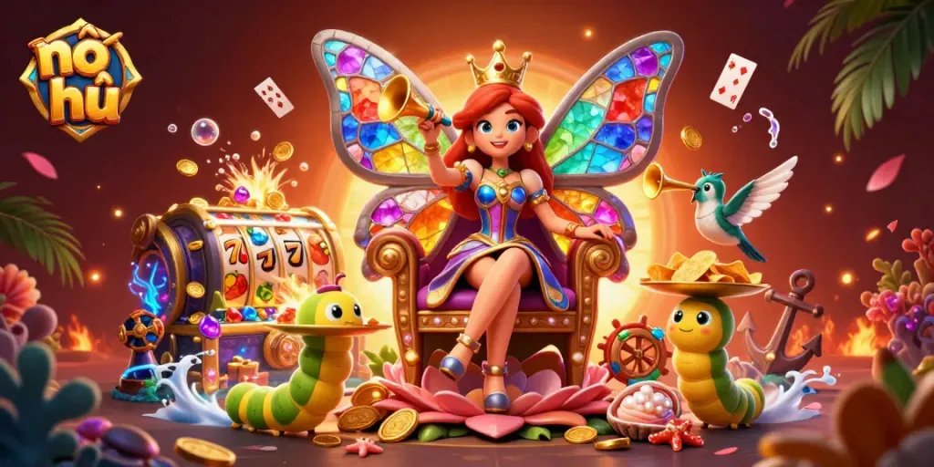 nổ hũ game scene featuring a butterfly queen and casino elements creating an immersive experience.